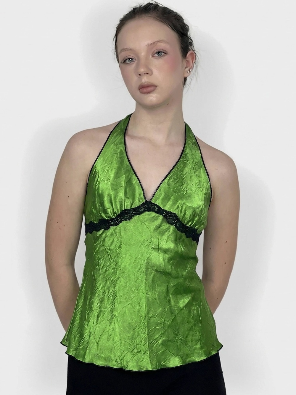 Vintage HALO Y2K Green Halter Top with Black Lace Trim Size Large NEW with Tag!